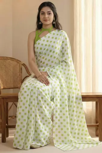 White & parrot color polka dots printed japan satin saree with unstitched blouse