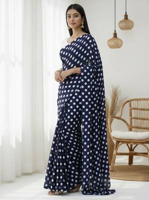Neavy-blue & white color polka dots printed japan satin saree with unstitched blouse 2