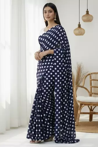 Neavy-blue & white color polka dots printed japan satin saree with unstitched blouse