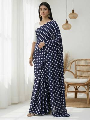 Neavy-blue & white color polka dots printed japan satin saree with unstitched blouse 3
