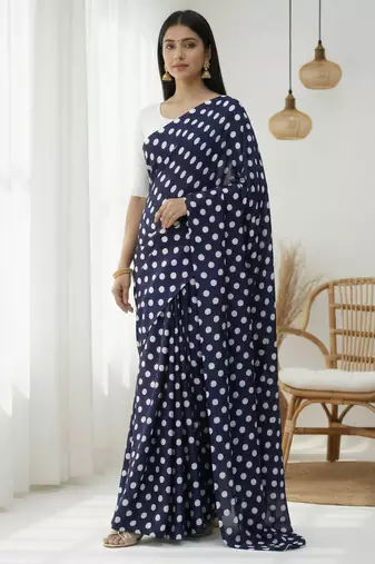Neavy-blue & white color polka dots printed japan satin saree with unstitched blouse
