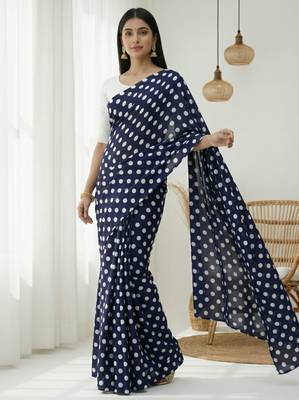 Neavy-blue & white color polka dots printed japan satin saree with unstitched blouse 4