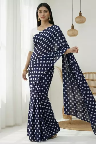 Neavy-blue & white color polka dots printed japan satin saree with unstitched blouse