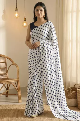 White & neavy-blue color polka dots printed japan satin saree with unstitched blouse