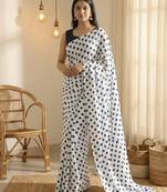 White & neavy-blue color polka dots printed japan satin saree with unstitched blouse