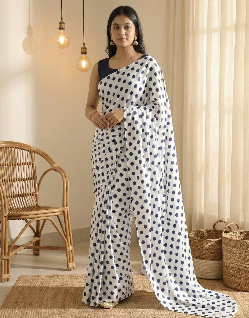White & neavy-blue color polka dots printed japan satin saree with unstitched blouse