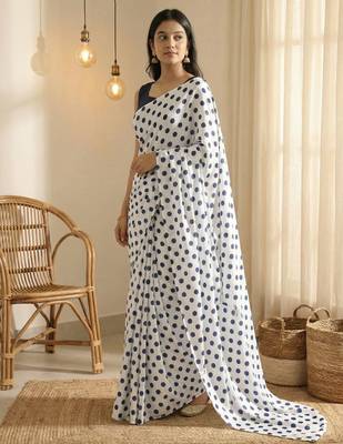 White & neavy-blue color polka dots printed japan satin saree with unstitched blouse 2