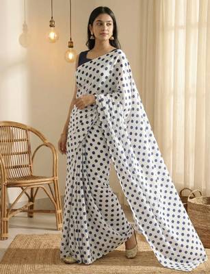 White & neavy-blue color polka dots printed japan satin saree with unstitched blouse 3