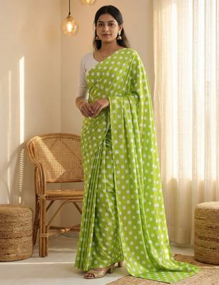 Parrot & white color polka dots printed japan satin saree with unstitched blouse 1