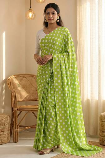 Parrot & white color polka dots printed japan satin saree with unstitched blouse