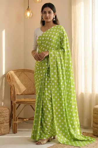 Parrot & white color polka dots printed japan satin saree with unstitched blouse