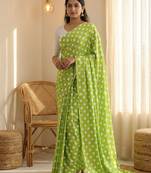 Parrot & white color polka dots printed japan satin saree with unstitched blouse