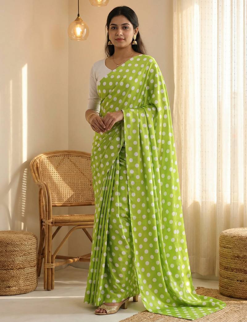 Parrot & white color polka dots printed japan satin saree with unstitched blouse