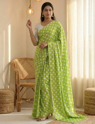 Parrot & white color polka dots printed japan satin saree with unstitched blouse 2