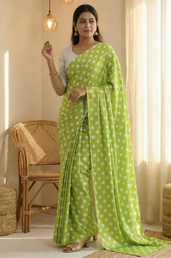 Parrot & white color polka dots printed japan satin saree with unstitched blouse