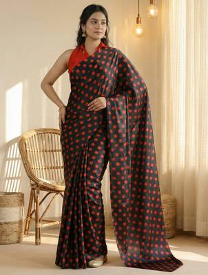 Black & red color polka dots printed japan satin saree with unstitched blouse 1