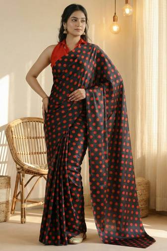 Black & red color polka dots printed japan satin saree with unstitched blouse