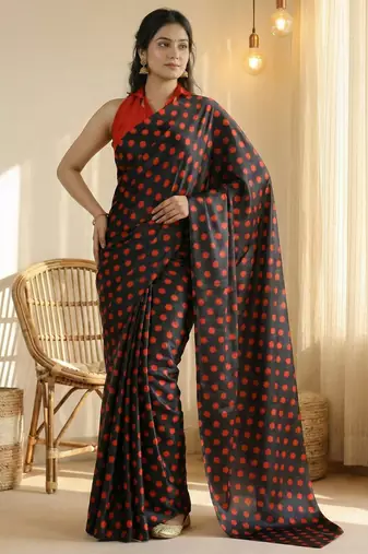 Black & red color polka dots printed japan satin saree with unstitched blouse