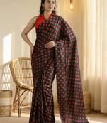 Black & red color polka dots printed japan satin saree with unstitched blouse