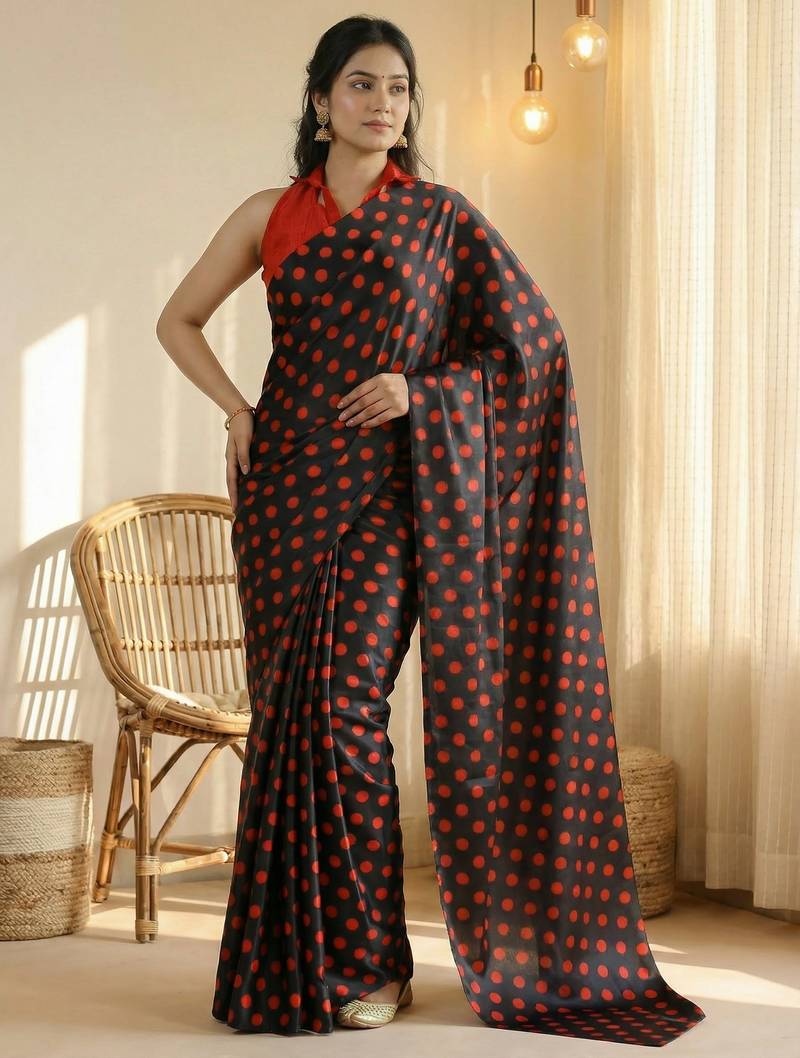 Black & red color polka dots printed japan satin saree with unstitched blouse