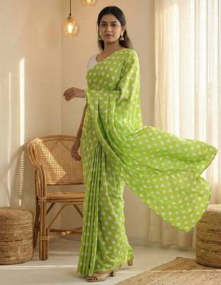 Parrot & white color polka dots printed japan satin saree with unstitched blouse 3