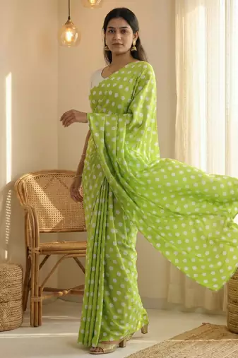 Parrot & white color polka dots printed japan satin saree with unstitched blouse