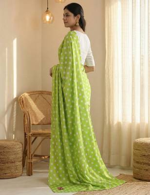 Parrot & white color polka dots printed japan satin saree with unstitched blouse 4