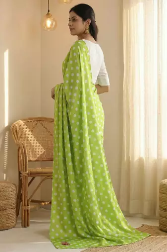Parrot & white color polka dots printed japan satin saree with unstitched blouse