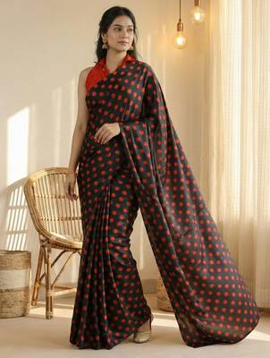 Black & red color polka dots printed japan satin saree with unstitched blouse 2