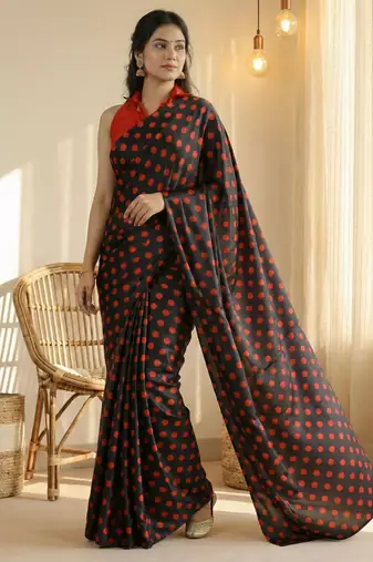 Black & red color polka dots printed japan satin saree with unstitched blouse