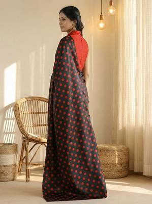 Black & red color polka dots printed japan satin saree with unstitched blouse 3
