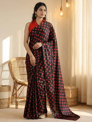 Black & red color polka dots printed japan satin saree with unstitched blouse 4