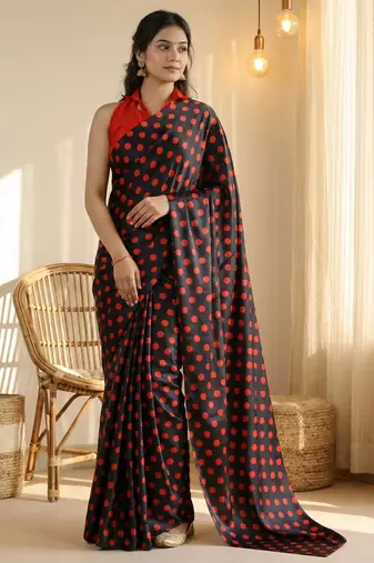 Black & red color polka dots printed japan satin saree with unstitched blouse