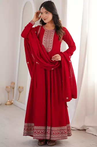 Engaging Red Zari Work Silk Reception Wear Gown With Dupatta