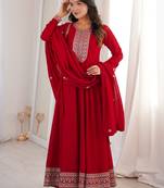 Engaging Red Zari Work Silk Reception Wear Gown With Dupatta