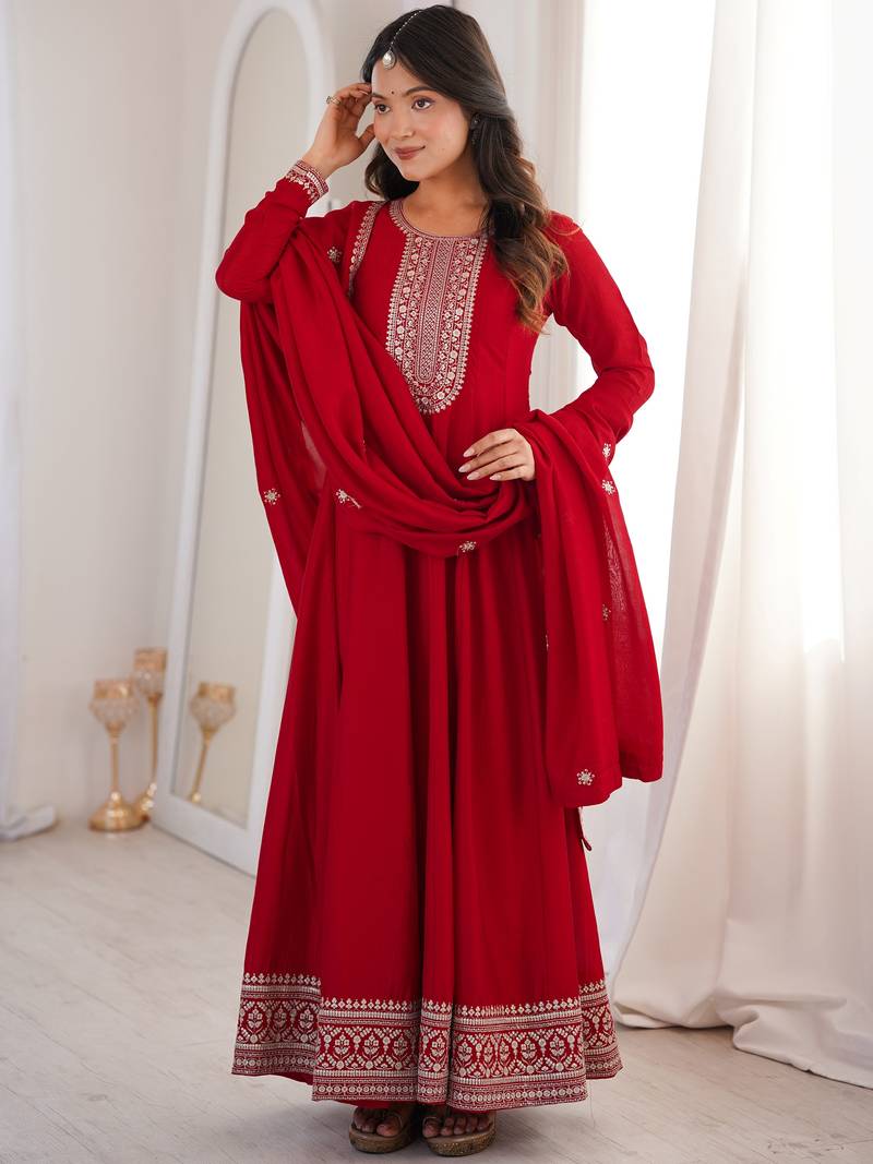 Engaging Red Zari Work Silk Reception Wear Gown With Dupatta