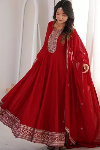 Engaging Red Zari Work Silk Reception Wear Gown With Dupatta