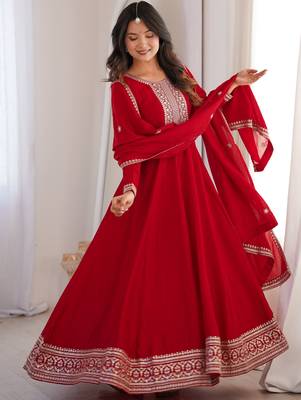 Engaging Red Zari Work Silk Reception Wear Gown With Dupatta 4