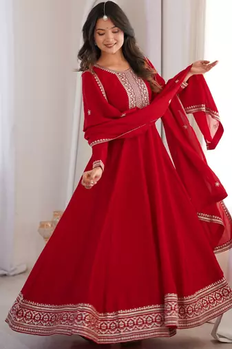 Engaging Red Zari Work Silk Reception Wear Gown With Dupatta