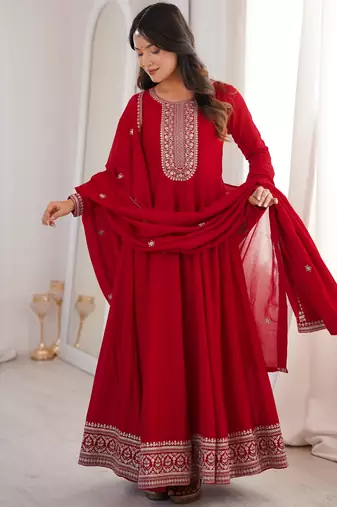 Engaging Red Zari Work Silk Reception Wear Gown With Dupatta