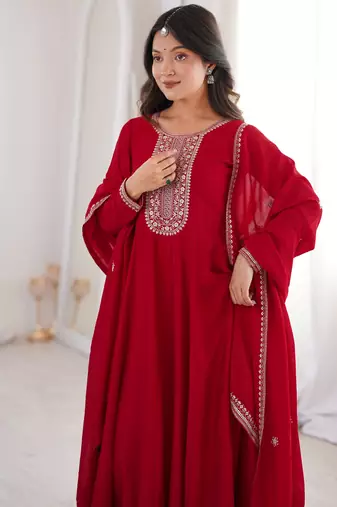 Engaging Red Zari Work Silk Reception Wear Gown With Dupatta