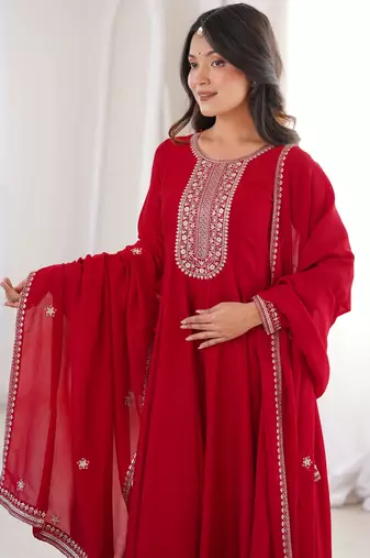 Engaging Red Zari Work Silk Reception Wear Gown With Dupatta