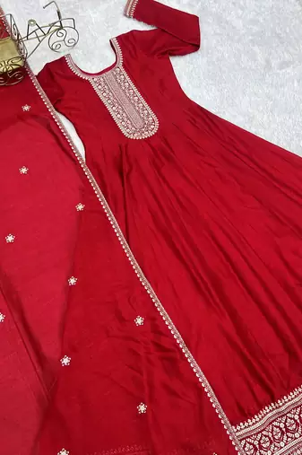 Engaging Red Zari Work Silk Reception Wear Gown With Dupatta