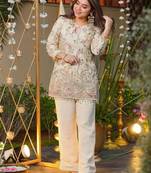 Women's crepe silk embroidered  kurti set with pant