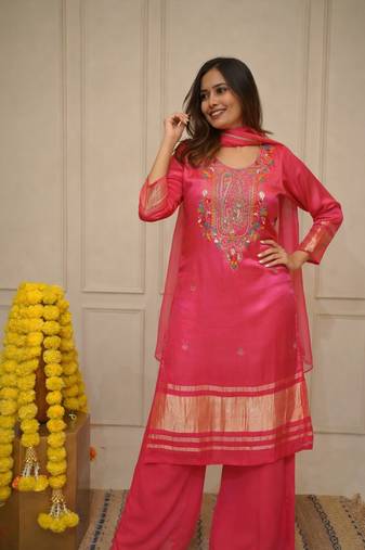 Women's pink stylish viscose kurta palazzo set with embroidery yoke & dupatta
