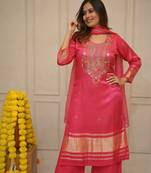 Women's pink stylish viscose kurta palazzo set with embroidery yoke & dupatta