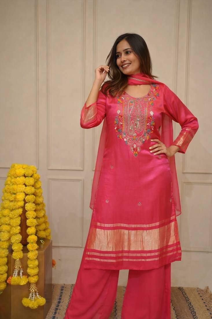 Women's pink stylish viscose kurta palazzo set with embroidery yoke & dupatta