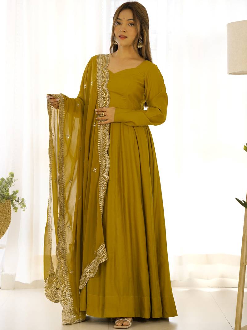 Ravishing Mustard Yellow Silk Anarkali Pant Suit With Sequins Dupatta