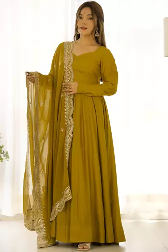 Ravishing Mustard Yellow Silk Anarkali Pant Suit With Sequins Dupatta