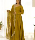 Ravishing Mustard Yellow Silk Anarkali Pant Suit With Sequins Dupatta
